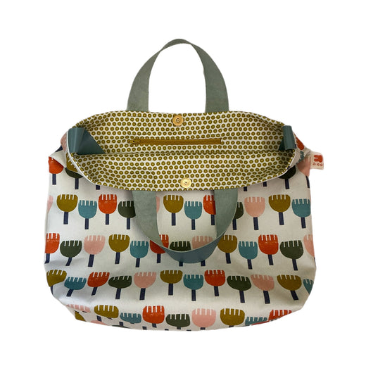Retro Flowers Gusset Tote in with Leather Handles