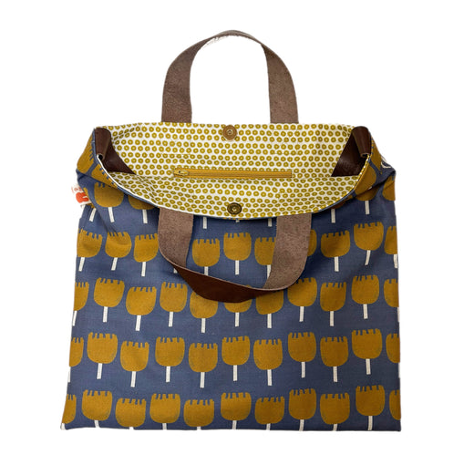 Retro Flowers Simple Tote in Navy with Leather Handles