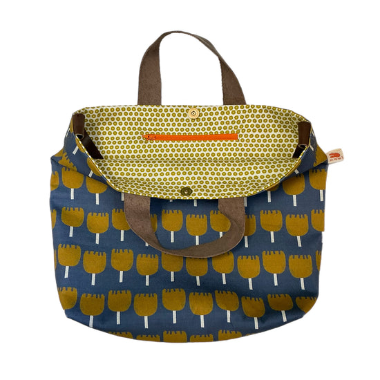 Retro Flowers Gusset Tote in Navy with Leather Handles